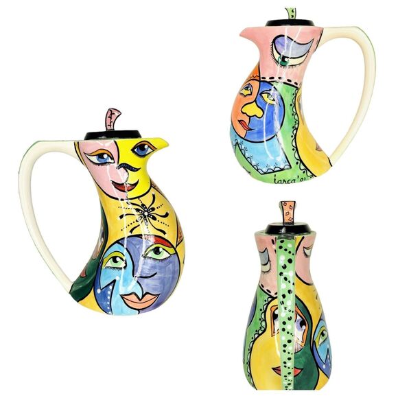 Vintage Larca Gallery Fine Art Hand Painted Abstract Faces Coffee Teapot Signed - Picture 1 of 14
